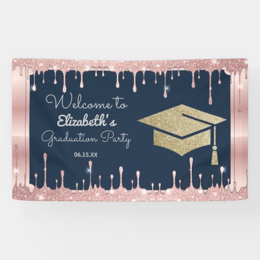 Graduation Cap Glitzer Rose Gold Tropfen Navy Blue Banner (Horizontal)
