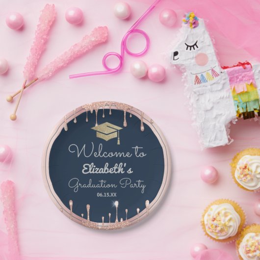 Graduation Cap Glitzer Rose Gold Tropfen Navy Blue Pappteller (Party)