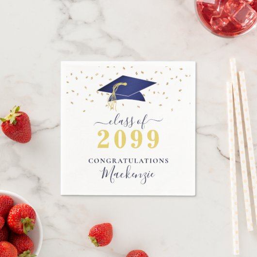 Graduation Cap Navy Blue Gold Confetti-Skript Serviette (Beispiel)