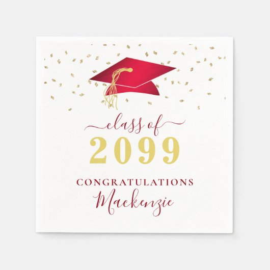 Graduation Cap Red Gold Confetti Script Serviette (Vorderseite)