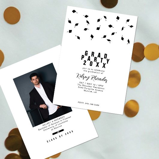 Graduation Cap Toss Black & White Grad Party Einladung
