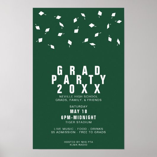 Graduation Cap Toss Green & White Grad Party Poster (Vorne)