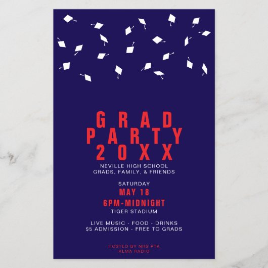 Graduation Cap Toss Red & Navy Grad Party Flyer (Vorne)