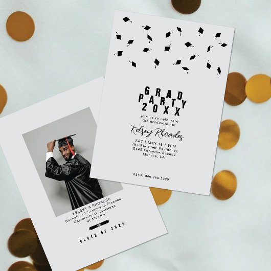 Graduation Cap Toss Silver & Black Grad Party Einladung
