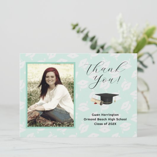 Graduation Caps Photo Thank You Message Cards Einladung (Stehend Vorderseite)