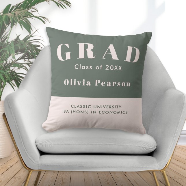 Graduation Class of 20XX Sage Green Blush Keepsake Kissen (A sage green and pink throw pillow with 'GRAD' text, personalized with name, university and degree)