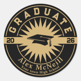 Graduation Classic Gold & Black Template Runder Aufkleber