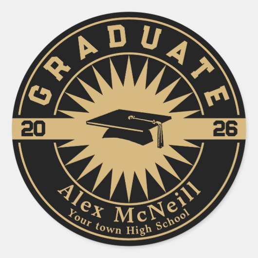 Graduation Classic Gold & Black Template Runder Aufkleber (Vorderseite)