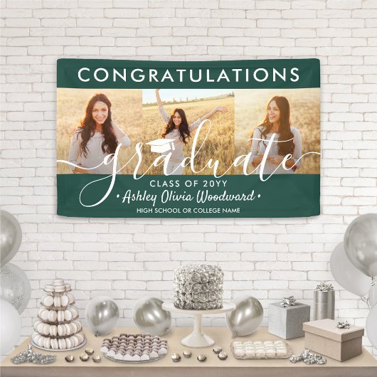 Graduation Congrats 3 Photo Collage Dark Green Banner