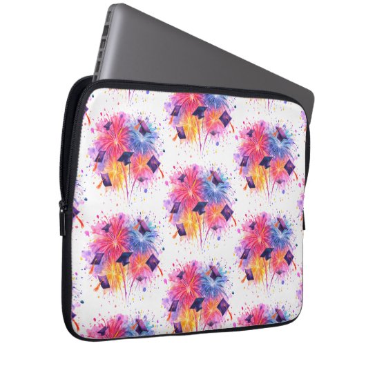 Graduation Fireworks Pattern with Tossed Caps Laptopschutzhülle (Vorne Rechts)