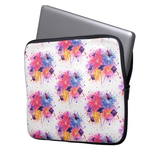 Graduation Fireworks Pattern with Tossed Caps Laptopschutzhülle (Vorderseite Links)