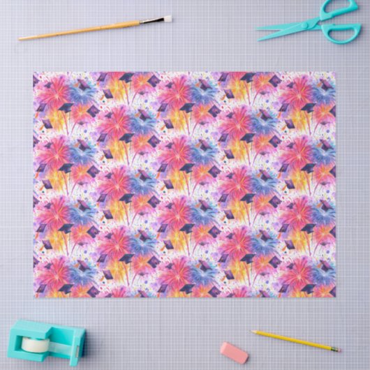Graduation Fireworks Pattern with Tossed Caps Seidenpapier (Basteln)