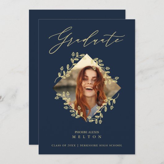 Graduation Gold Diamond Wildflower Navy Photo Einladung (Vorne/Hinten)