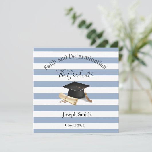 Graduation Invitation Blue Stripe  Einladung (Stehend Vorderseite)