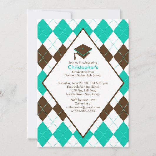 Graduation Invitation Prep Brown Turquoise Argyle Einladung (Vorderseite)
