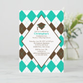 Graduation Invitation Prep Brown Turquoise Argyle Einladung (Stehend Vorderseite)