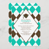 Graduation Invitation Prep Brown Turquoise Argyle Einladung (Vorne/Hinten)