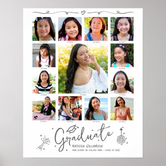 Graduation K–12 Photo Collage Gray Doodles White Poster (Vorne)
