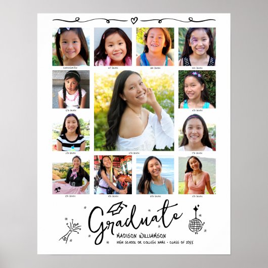 Graduation K–12 Photo Collage White Black Doodles Poster (Vorne)