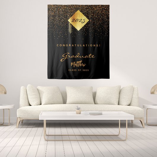 Graduation Party 2023 Schwarzes Gold Konfetti Abso Wandteppich