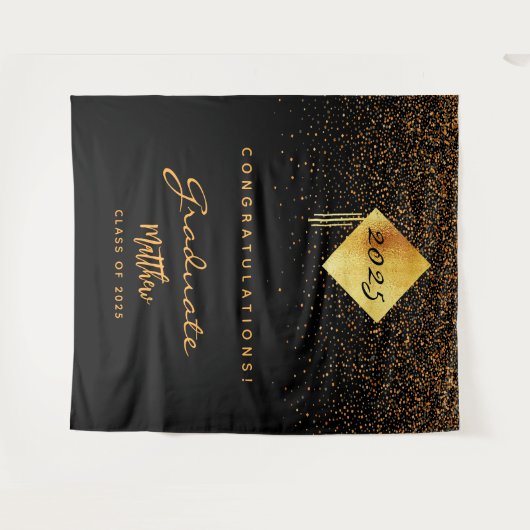 Graduation Party 2023 Schwarzes Gold Konfetti Abso Wandteppich (Vorderseite (Horizontal))