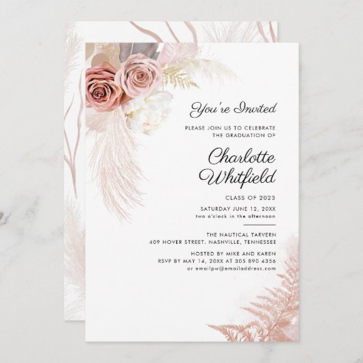 Graduation Party 2024 Script Pampas Grass Floral Einladung (Vorne/Hinten)