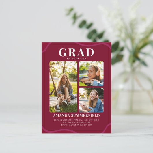 Graduation Party 2025 Grad Fotos Burgund Einladungspostkarte (Stehend Vorderseite)