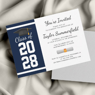 Graduation Party 2025 Navy Blue White Graduate Einladung