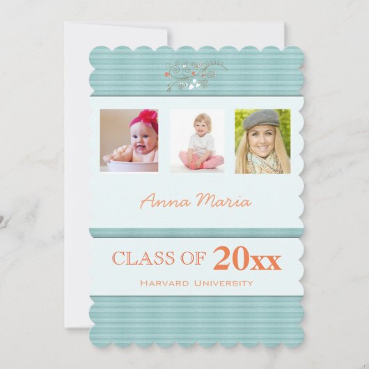 Graduation Party 3 Fotos Aqua Stripes Einladung (Vorderseite)