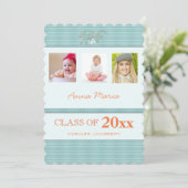 Graduation Party 3 Fotos Aqua Stripes Einladung (Stehend Vorderseite)
