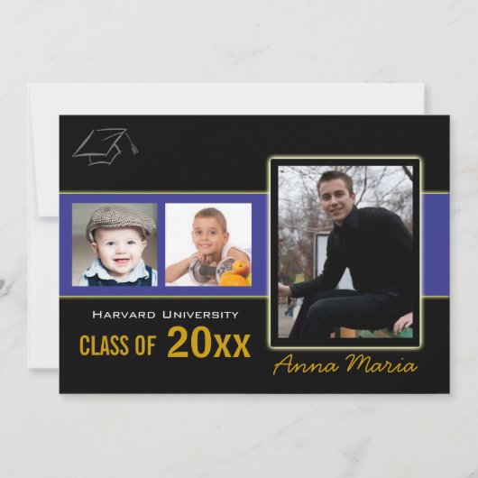 Graduation Party 3 Fotos blauer Einladung (Vorderseite)