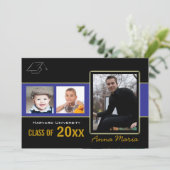 Graduation Party 3 Fotos blauer Einladung (Stehend Vorderseite)