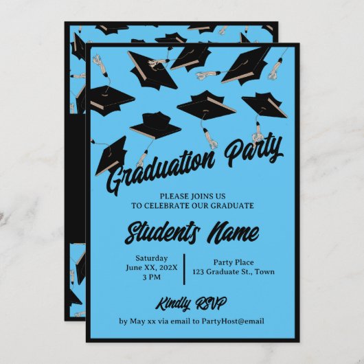 Graduation Party Black Caps in der Luft Light Blue Einladung (Vorne/Hinten)