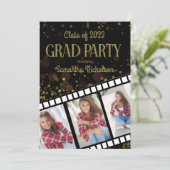 Graduation Party Black Gold Star 3 Fotos 2022 Einladung (Stehend Vorderseite)