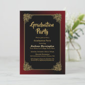 Graduation Party Black Red mit Gold Frame Einladung (Stehend Vorderseite)