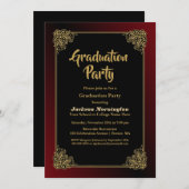Graduation Party Black Red mit Gold Frame Einladung (Vorne/Hinten)