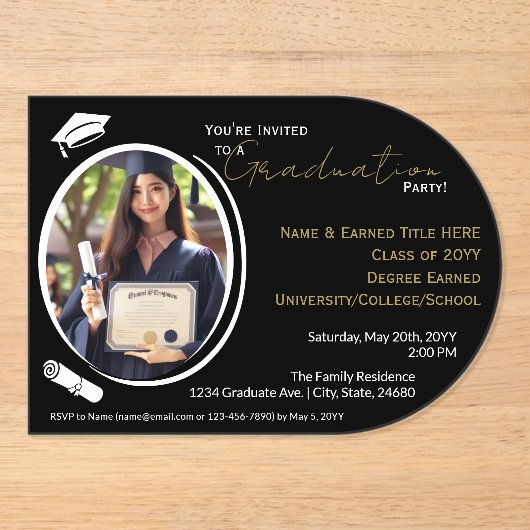 Graduation Party Black, White & Gold, Grad Foto Acryleinladungen (Vorderseite)