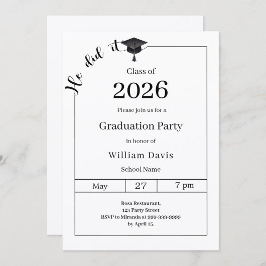 Graduation party black white He did it Einladung (Vorne/Hinten)
