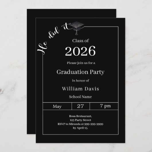 Graduation party black white He did it Einladung (Vorne/Hinten)