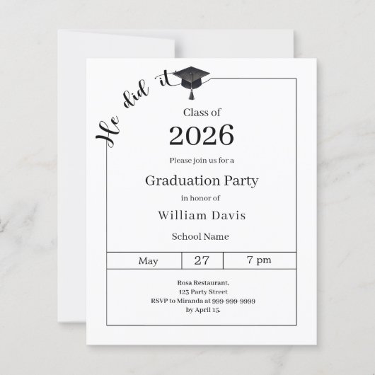 Graduation party black white He did it invitation (Vorderseite)