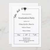 Graduation party black white She did it Einladung (Vorne/Hinten)