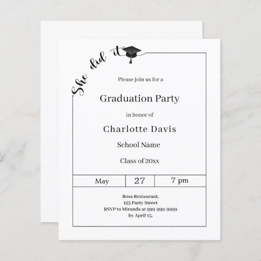 Graduation party black white She did it invitation (Vorne/Hinten)
