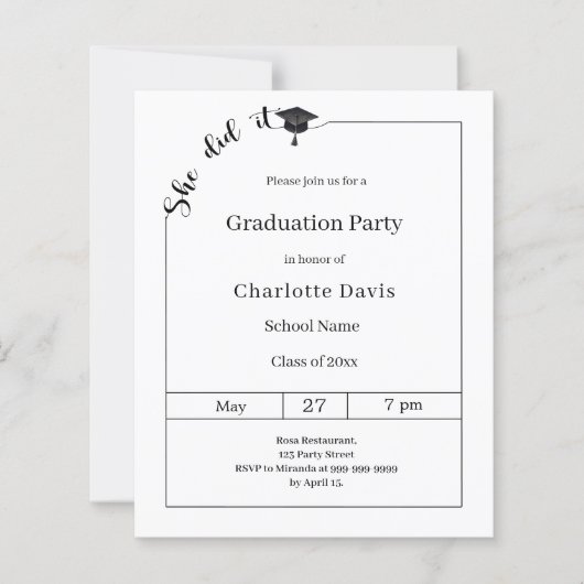 Graduation party black white She did it invitation (Vorderseite)