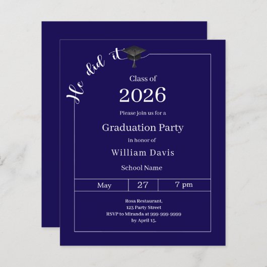 Graduation party blue white He did it invitation (Vorne/Hinten)