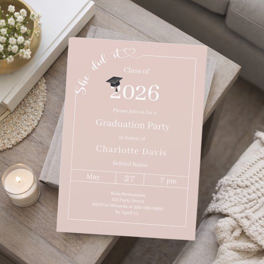 Graduation party blush pink neutral She did it Einladung