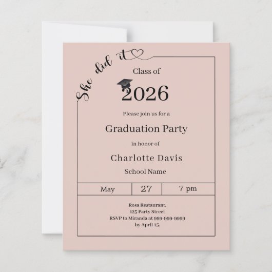 Graduation party blush pink She did it invitation (Vorderseite)