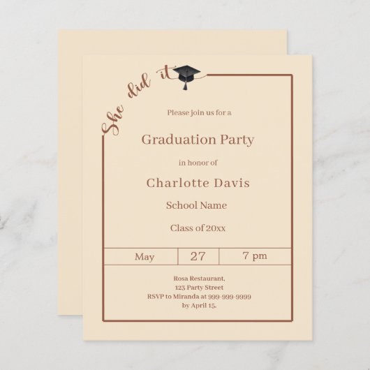 Graduation party Campagne She did it invitation (Vorne/Hinten)