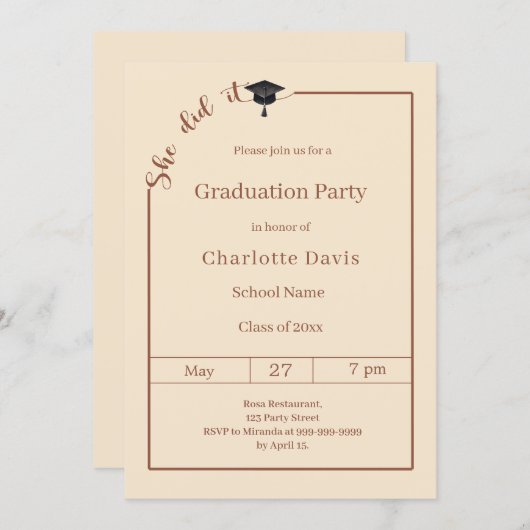 Graduation party champagne She did it Einladung (Vorne/Hinten)