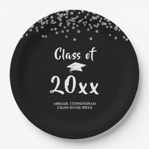 Graduation Party Class of Black Silver Confetti Pappteller