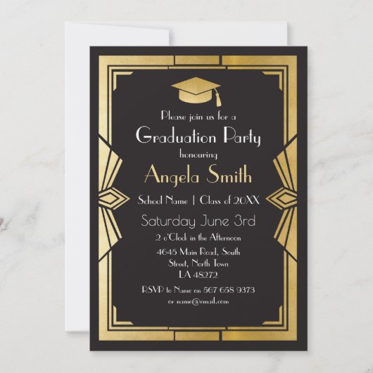 Graduation Party Einladung Art Deco Gatsby Gold 19 (Vorderseite)